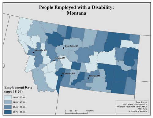 Map of MT showing rates of people with disability employed. Text description on page.
