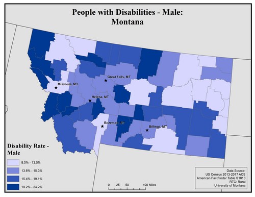 Map of MT showing rates of disability among males. Text description on page. 