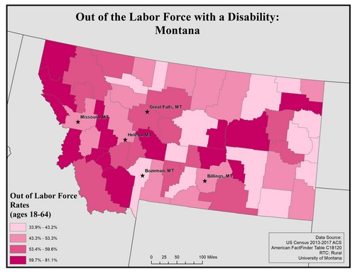 Map of MT showing rates of people with disability out of labor force. Text description on page.