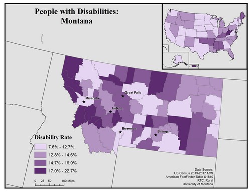 map of MT showing disability rate by county. Text description on page. 
