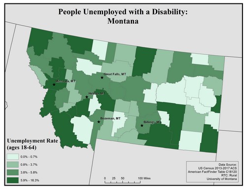 Map of MT showing rates of unemployment for people with disabilities. Text description on page.