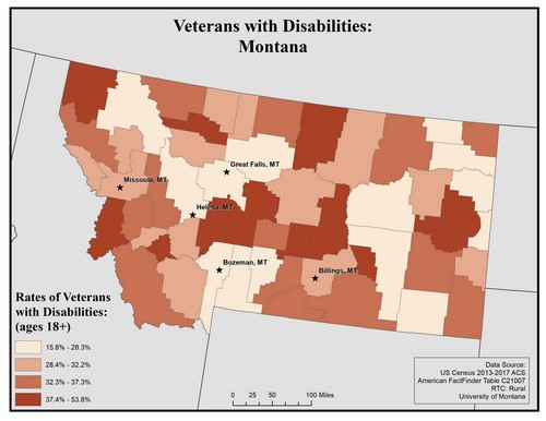 Map of MT showing rates of veterans with disability. Text description on page.