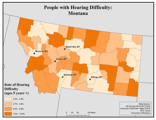 Map of MT showing rates of hearing impairment by county. Text description on page. 