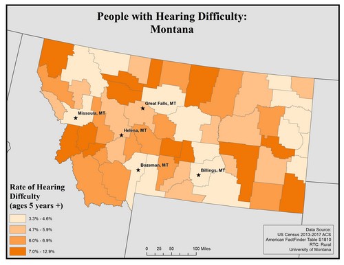 Map of MT showing rates of hearing impairment by county. Text description on page. 