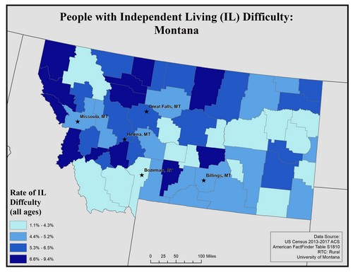 Map of MT showing rates of IL difficulty. Text description on page.