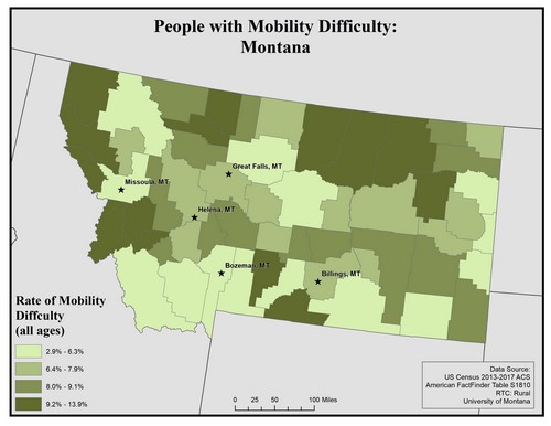 Map of MT showing rates of mobility difficulty. Text description on page.