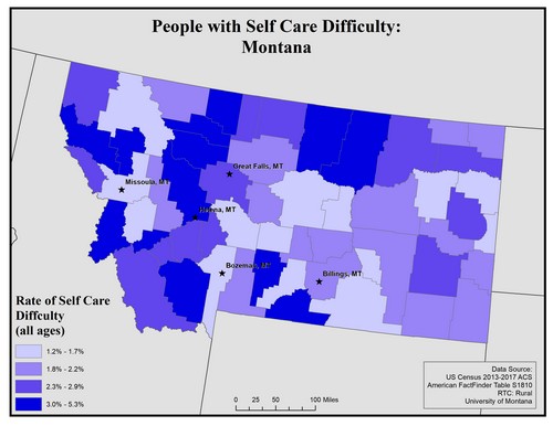 Map of MT showing rates of self-care difficulty. Text description on page.