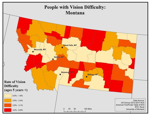 Map of MT showing rates of vision difficulty by county. Text description on page.