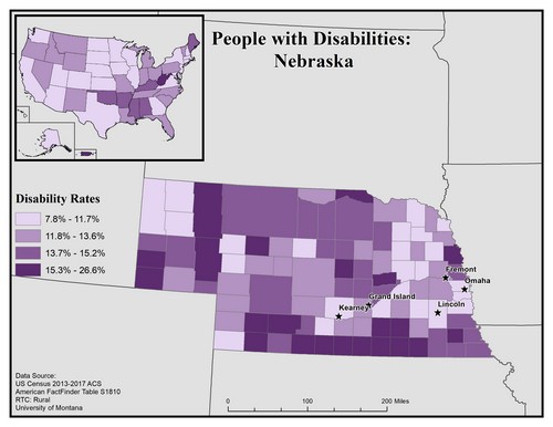 map of NE showing disability rate by county. Text description on page. 