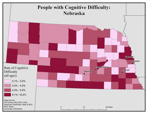 Map of NE showing rates of cognitive difficulty. Text description on page.