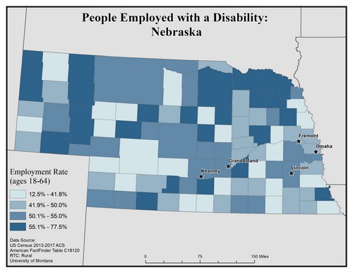 Map of NE showing rates of people with disability employed. Text description on page.