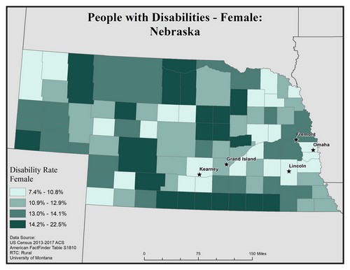 Map of NE showing rates of disability among females. Text description on page. 