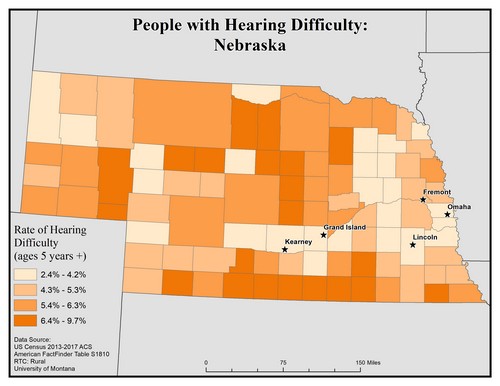 Map of NE showing rates of hearing impairment by county. Text description on page. 