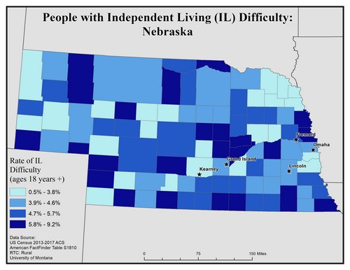 Map of NE showing rates of IL difficulty. Text description on page.