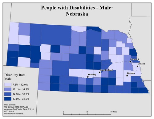 Map of NE showing rates of disability among males. Text description on page. 