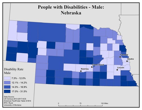 Map of NE showing rates of disability among males. Text description on page. 