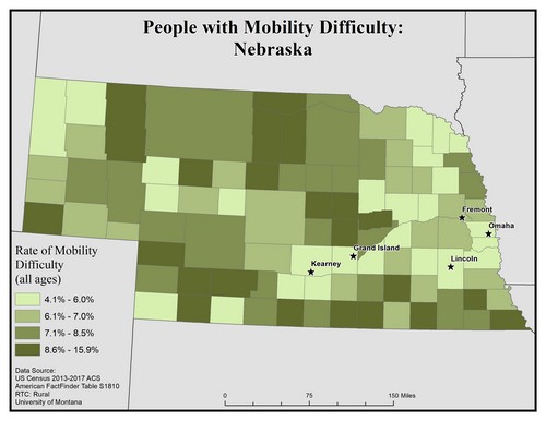 Map of NE showing rates of mobility difficulty. Text description on page.