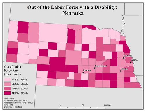 Map of NE showing rates of people with disability out of labor force. Text description on page.