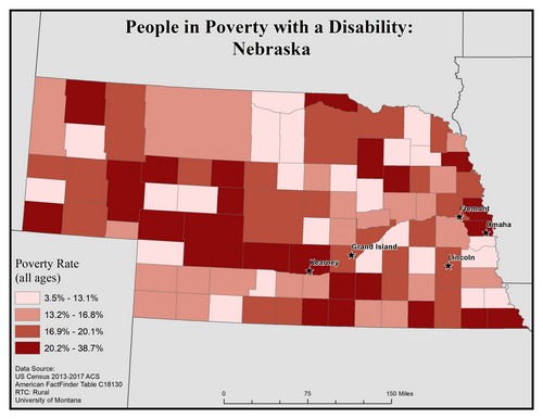 Map of NE showing rates of people with disabilities in poverty. Text description on page.