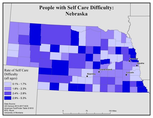 Map of NE showing rates of self-care difficulty. Text description on page.