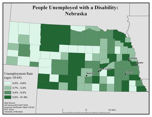 Map of NE showing rates of unemployment for people with disabilities. Text description on page.