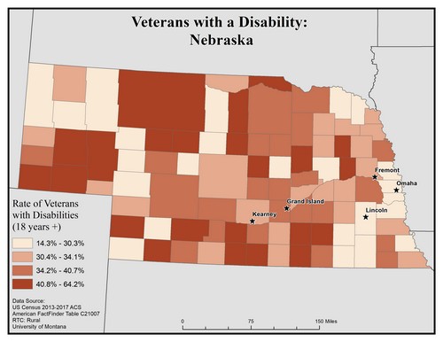 Map of NE showing rates of veterans with disability. Text description on page.