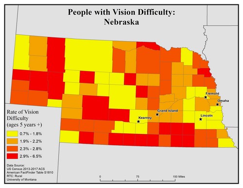 Map of NE showing rates of vision difficulty by county. Text description on page.