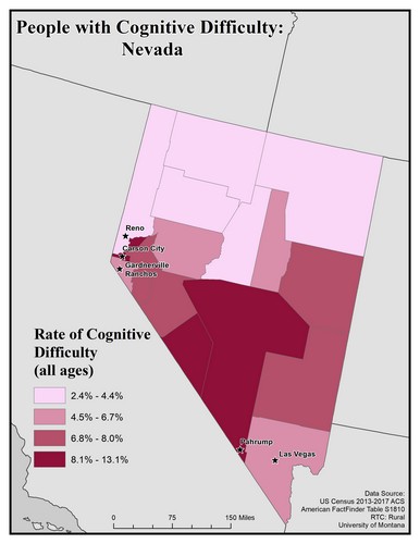 Map of NV showing rates of cognitive difficulty. Text description on page.