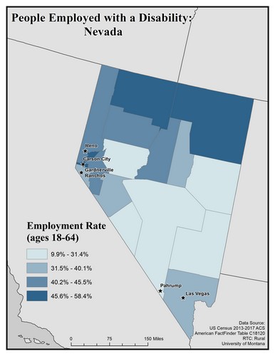 Map of NV showing rates of people with disability employed. Text description on page.