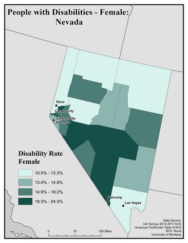 Map of NV showing rates of disability among females. Text description on page. 