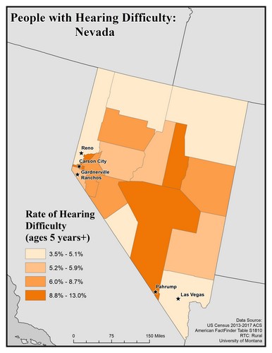 Map of NV showing rates of hearing impairment by county. Text description on page. 