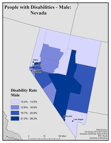 Map of NV showing rates of disability among males. Text description on page. 