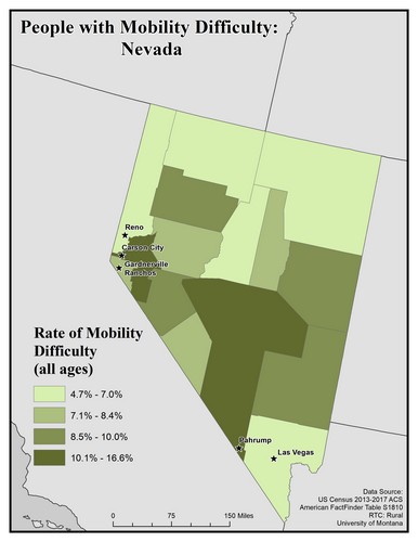 Map of NV showing rates of mobility difficulty. Text description on page.