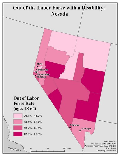 Map of NV showing rates of people with disability out of labor force. Text description on page.