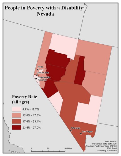 Map of NV showing rates of people with disabilities in poverty. Text description on page.
