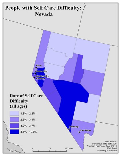 Map of NV showing rates of self-care difficulty. Text description on page.