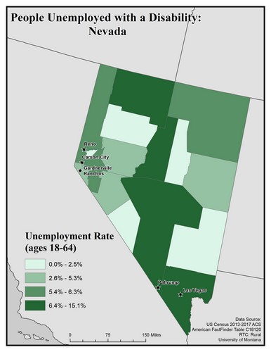 Map of NV showing rates of unemployment for people with disabilities. Text description on page.