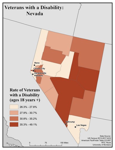 Map of NV showing rates of veterans with disability. Text description on page.