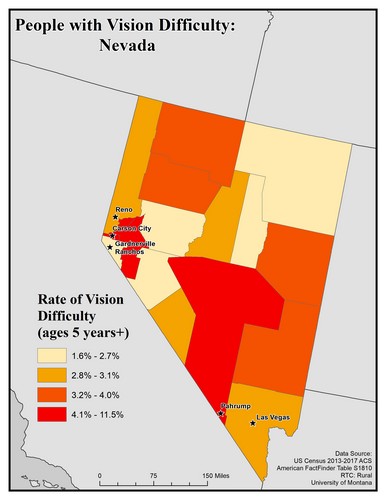 Map of NV showing rates of vision difficulty by county. Text description on page.