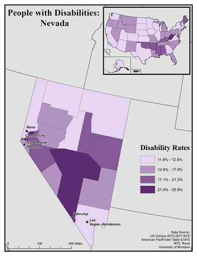 map of NV showing disability rate by county. Text description on page. 