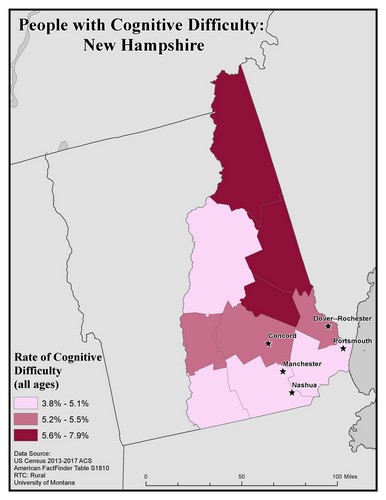 Map of NH showing rates of cognitive difficulty. Text description on page.