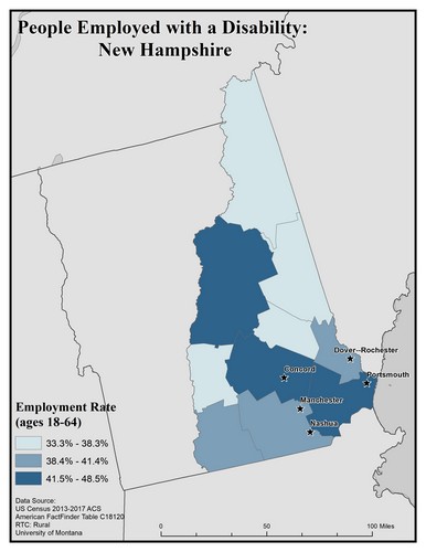 Map of NH showing rates of people with disability employed. Text description on page.