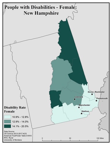Map of NH showing rates of disability among females. Text description on page. 