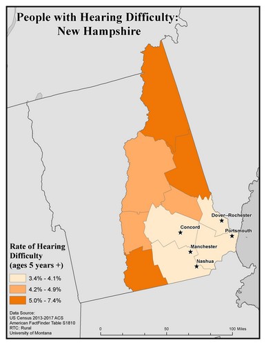 Map of NH showing rates of hearing impairment by county. Text description on page. 
