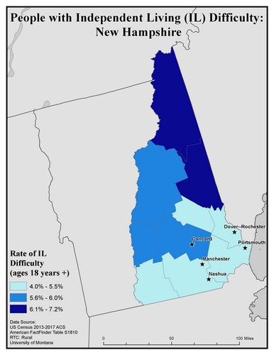 Map of NH showing rates of IL difficulty. Text description on page.