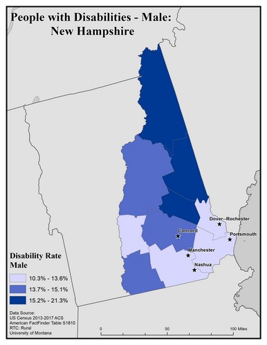 Map of NH showing rates of disability among males. Text description on page. 