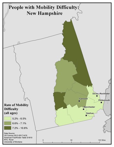 Map of NH showing rates of mobility difficulty. Text description on page.