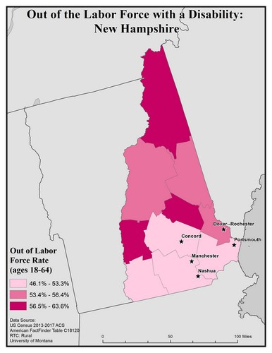Map of NH showing rates of people with disability out of labor force. Text description on page.