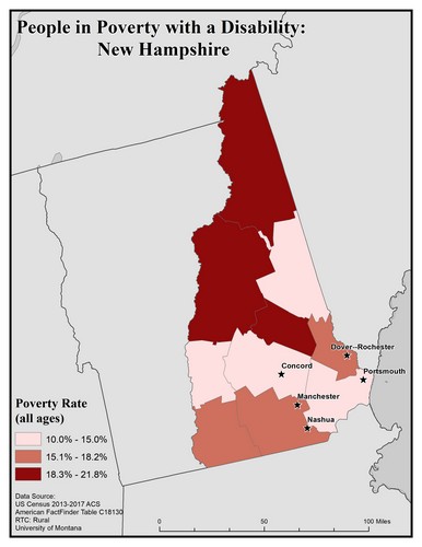 Map of NH showing rates of people with disabilities in poverty. Text description on page.