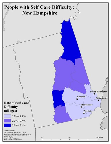 Map of NH showing rates of self-care difficulty. Text description on page.
